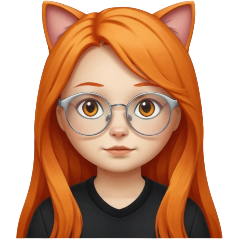 girl with chubby cheeks, very long orange hair, and silver cat-eyed glasses. B lack clothes.  emoji