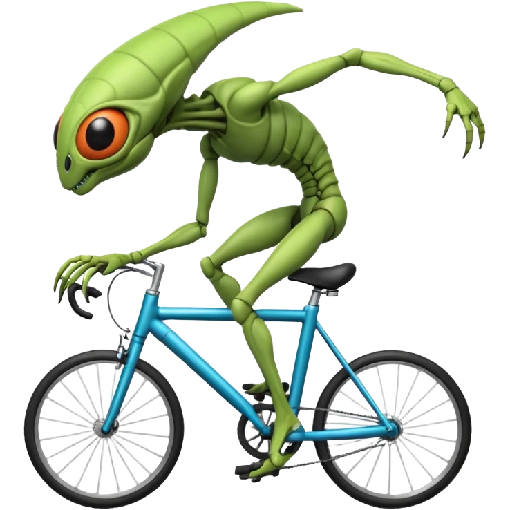 insectoid alien riding a bicycle, bug-like eyes, segmented limbs, strange but fun cycling pose, sci-fi creature vibe, 3D cartoon, mobile game icon style, clean background, no text, no watermark
 emoji