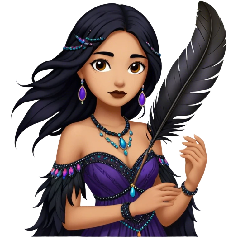 Cinematic Realistic Pocahontas Portrait, depicted with lifelike skin texture, soft natural lighting, and intricately detailed long, flowing raven-black hair that moves gracefully in the wind. Her deep, soulful dark brown eyes exude wisdom and strength, complemented by a serene yet powerful expression. She is shown gently holding a feather in one hand, her other hand resting lightly at her side, embodying the harmonious balance between nature and herself. She is dressed in her classic one-shoulder native American dress, with rich fabric textures and delicate beaded details that catch the light beautifully. The portrait features a soft, sun-kissed glow with a natural, radiant finish, capturing the essence of untamed beauty and deep connection to nature in a realistic and painterly style, evoking a sense of depth and authenticity. emoji