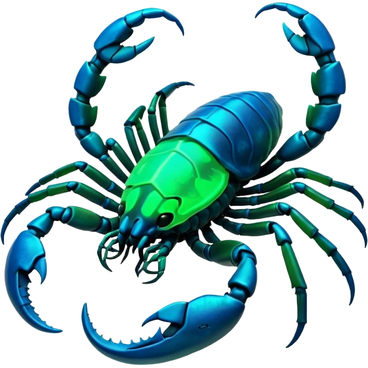 3D render of Radioactive Scorpion, bioluminescent deep sea style, glowing neon blue and green lights, dark background to contrast the glow, translucent organic textures, more emission. emoji
