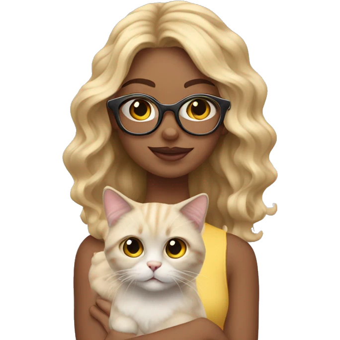 That girls vibe. Blond girl with glasses and wavy hair holding a cat emoji