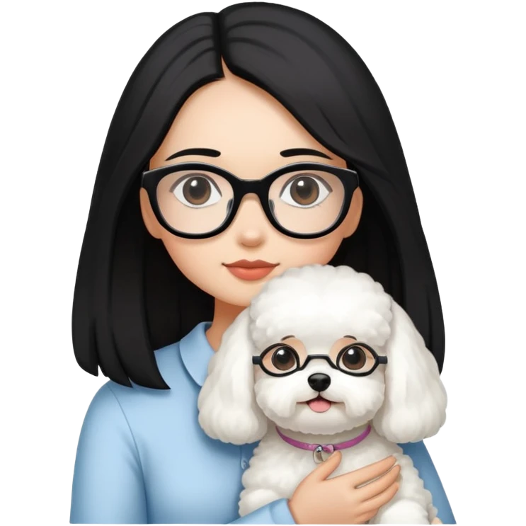 Girl with long black hair and glasses holding a white Bichon Frise dog emoji