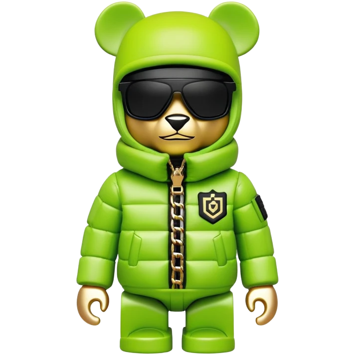 ultra-detailed bearbrick figure with perfect cube head and geometric body, wearing premium lime green balaclava with sleek integrated black visor lens at eyes, luxury oversized designer puffer jacket with prominent logo and lavish fur trim collar, heavy gold chains, streetwear icon emoji