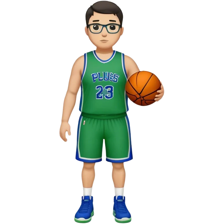 Full Body plus size white male with dark short hair  tall basketball player wearing glasses wearing blue green uniform emoji