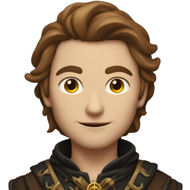 A sun warlock who is pale with brown hair and is holding a black kitten emoji