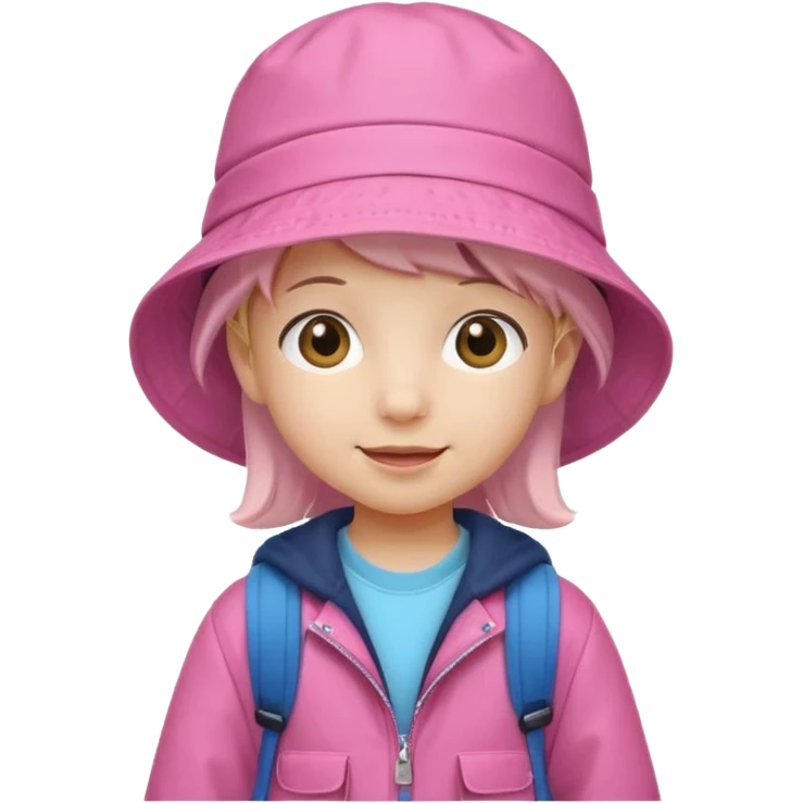 Little student wears pink bucket hat and jacket, backpack, happy emoji