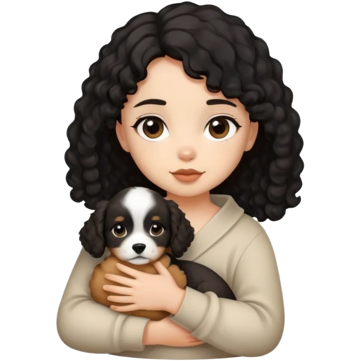 A girl with black slightly curly hair wrapped in a puppy emoji