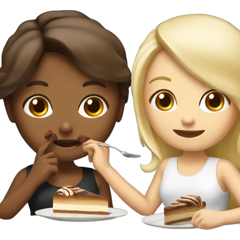 two girls blond and brunette eating tiramisu emoji