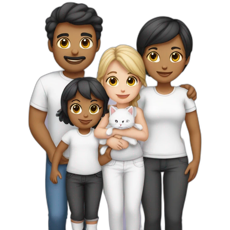 Family of 5- mum-dad-baby girl-2 cats 1white 1 black emoji