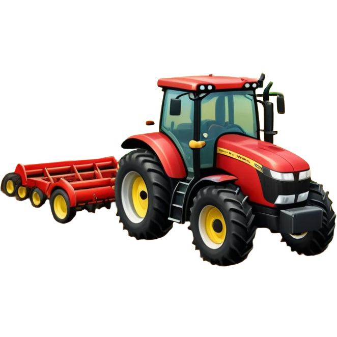 An icon representing a farming simulator, with a detailed tractor plowing fields under a bright sky with rural landscape. The design includes farming tools, crops and barns, symbolizing the immersive experience of managing a farm. Transparent background. emoji