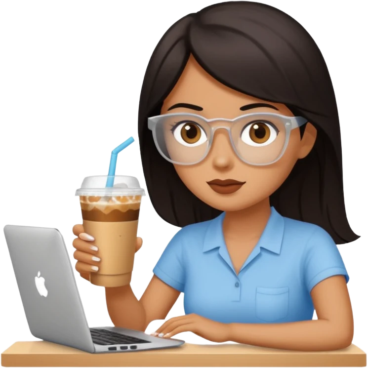 컴퓨터 작업 중 + 아이스 아메리카노(테이크아웃 잔)링거 + 다크서클 + 검은머리 여성 emoji