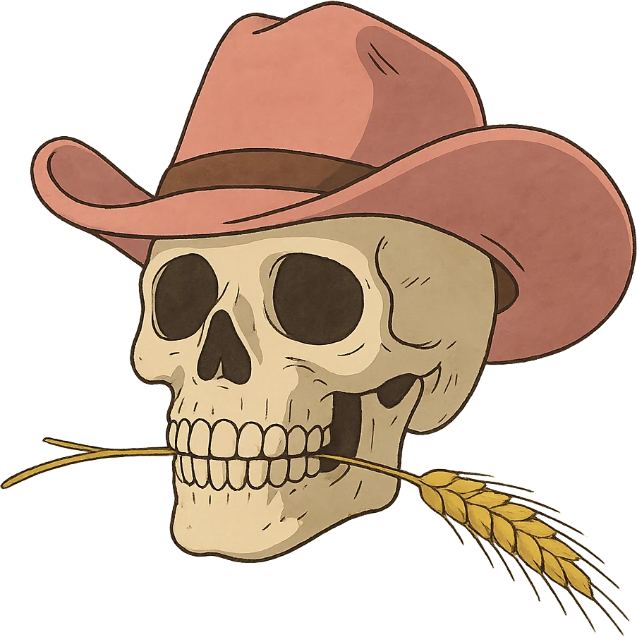 skull in pink cowboy hat, wheat in mouth emoji