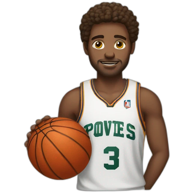 White man in a basketball jersey holding a basketball emoji
