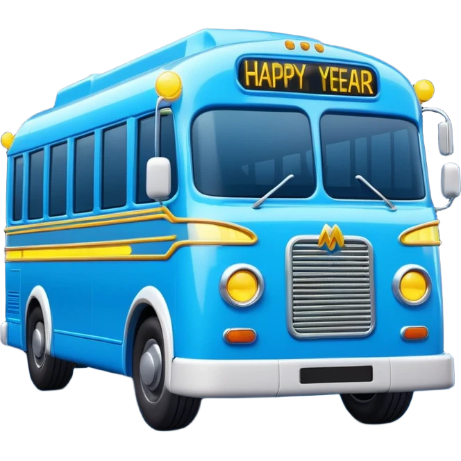 3D emoji of a modern blue
Moscow Electrobus decorated with glowing neon Christmas lights and a
"Happy New Year" digital sign on the front. Stylized 3D model, glossy finish, cute proportions, vibrant blue color, isolated on a white background. emoji