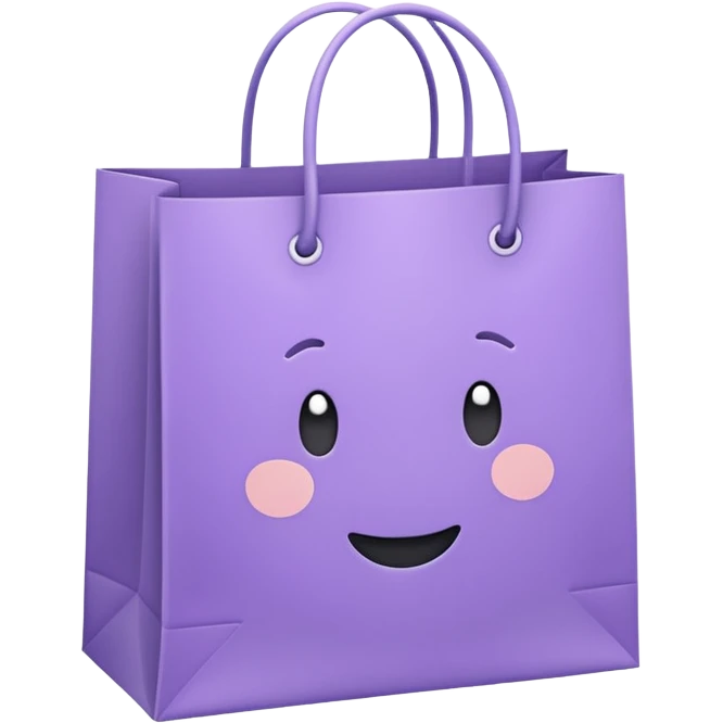 A cute emoji-style illustration of a purple paper shopping bag, pastel purple color, rounded shape, simple clean lines, kawaii style, soft shading, minimal details, centered composition, transparent background emoji