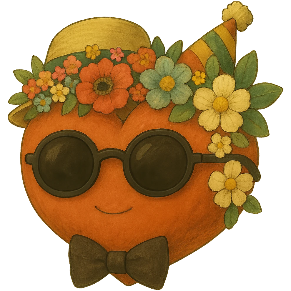 Add a crown of colorful flowers to the orange heart, keeping the soft and painterly ghibli style with no background. emoji