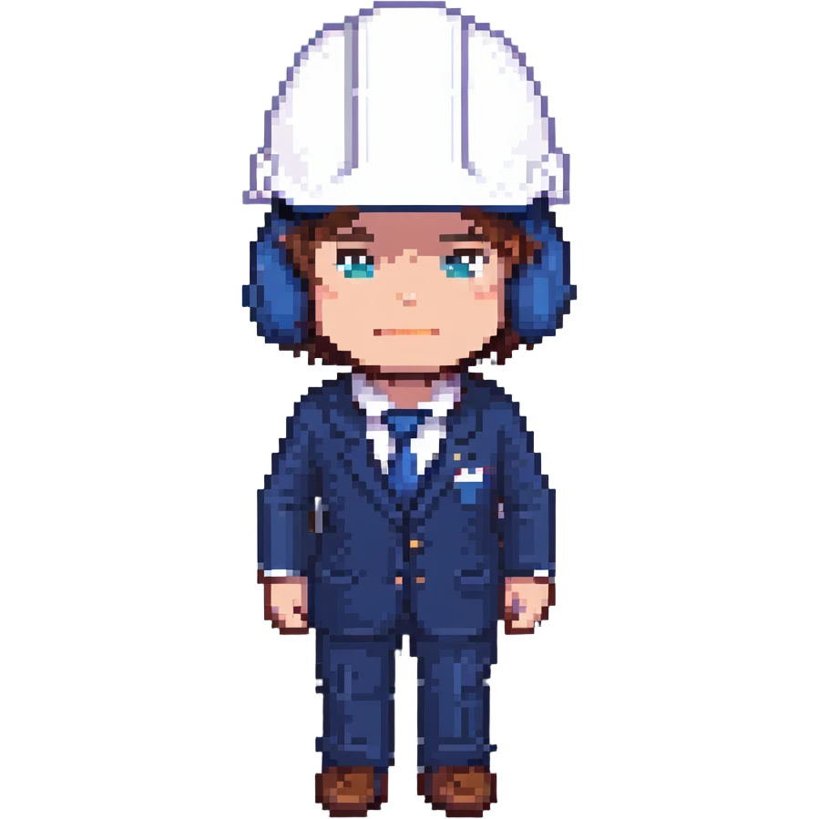 a man in a strict dark blue suit, wearing a white construction helmet on his head emoji