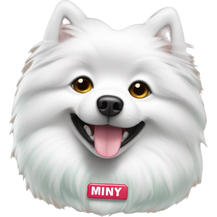 japanese spitz with name tag that says minty emoji