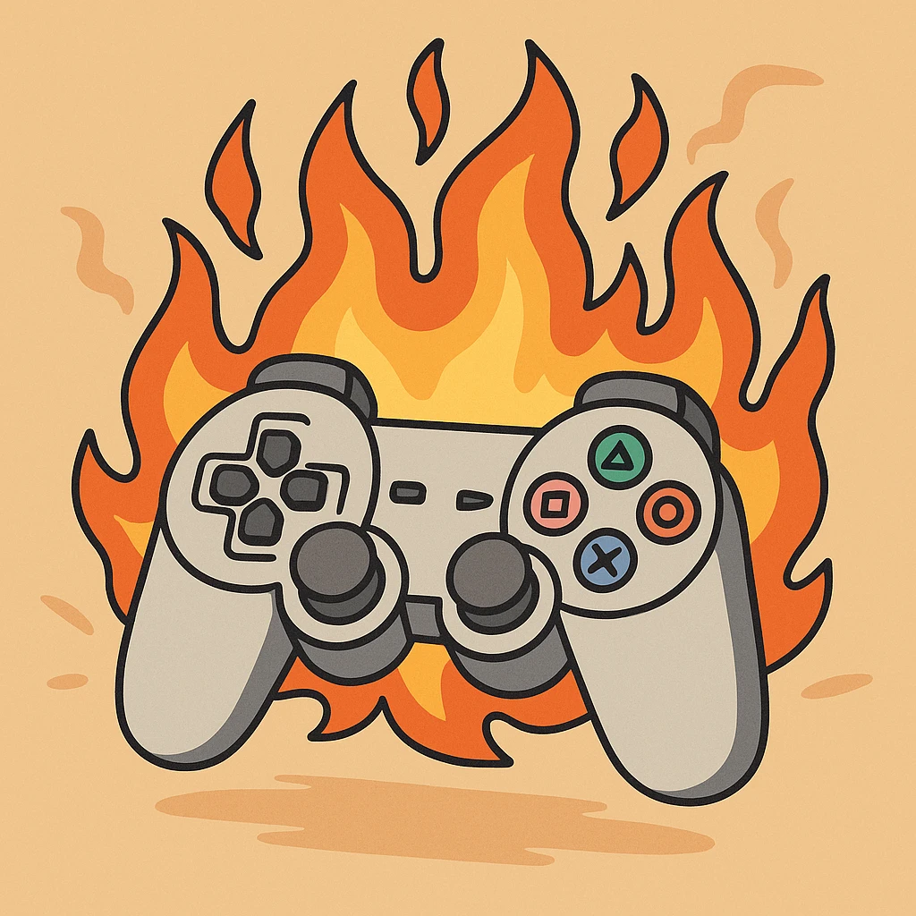 cartoon PlayStation controller surrounded by fire, playful and bold emoji
