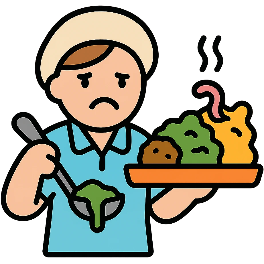 lunch lady serving unappetizing, gross cafeteria food icon with color and black outlines emoji