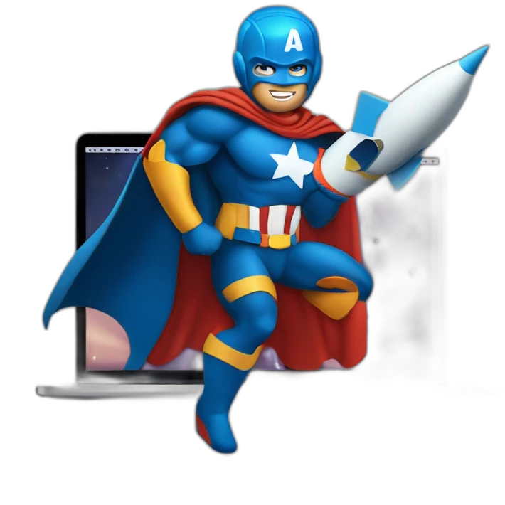 superhero with a rocket emblem sitting in front of his MacBook also with a rocket instead of an apple as the logo emoji