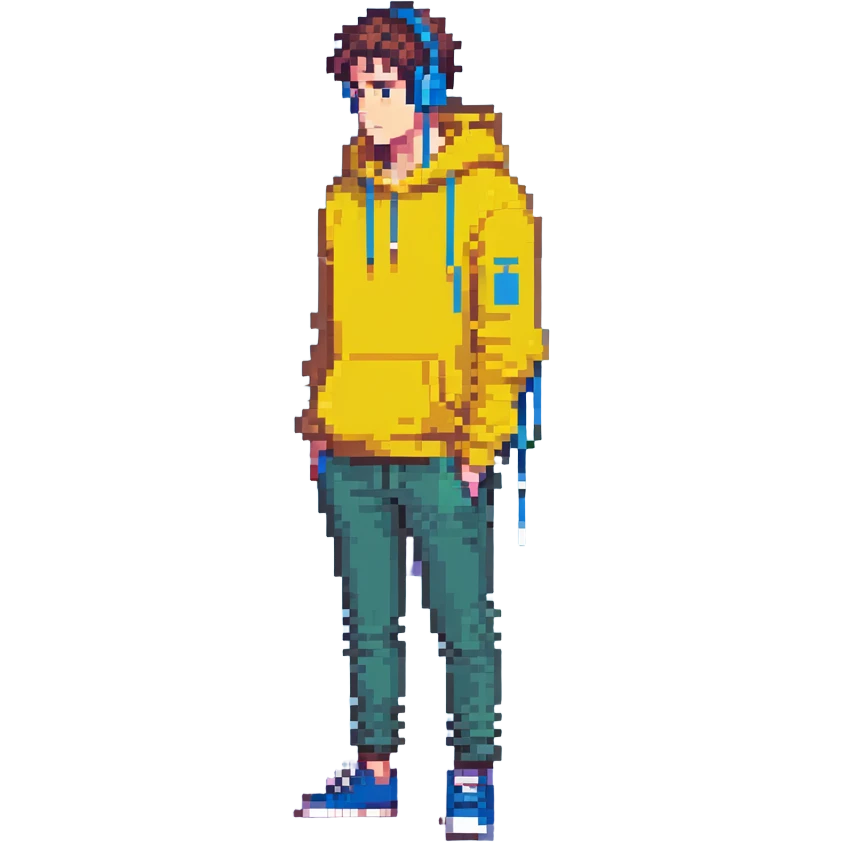 head-to-toe man, yellow hoodie, earbuds, suspicious face, stylized body, standing pose emoji