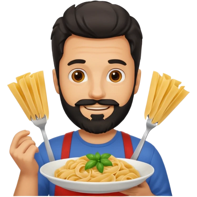 White man with black beard holding a pasta smiling  emoji