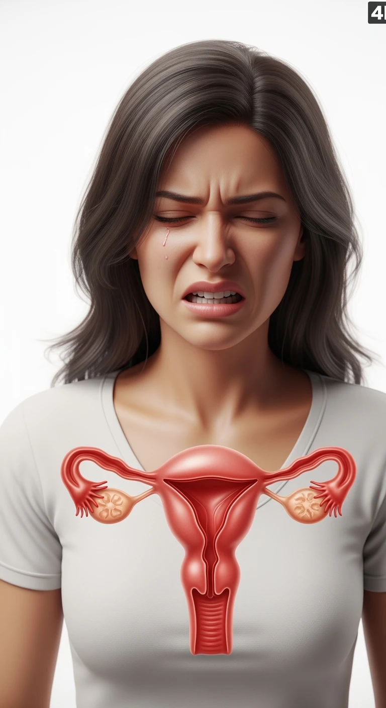 donna con utero umano realistico in evidenza dolorante, espressione di dolore in volto, sfondo bianco, non farla computerizzata, ma iperrealistica 4k emoji