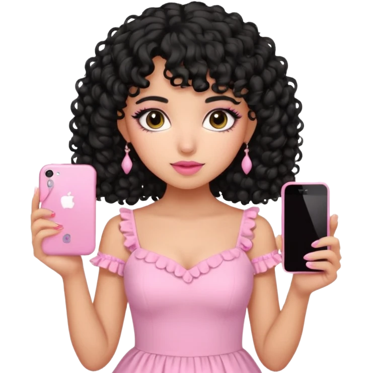 uma menina fofa de pele oliva e cabelos pretos encaracolados e com franja encaracolada e um vestido rosa pastel detalhado e maquiagem levemente rosada enquanto segura um iphone rosa emoji