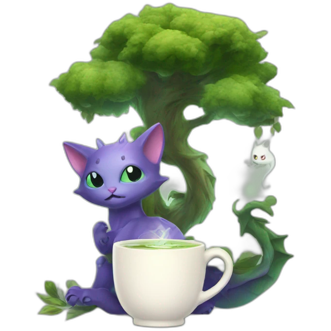 Kitty Dragon ghost with tea cup and tree emoji