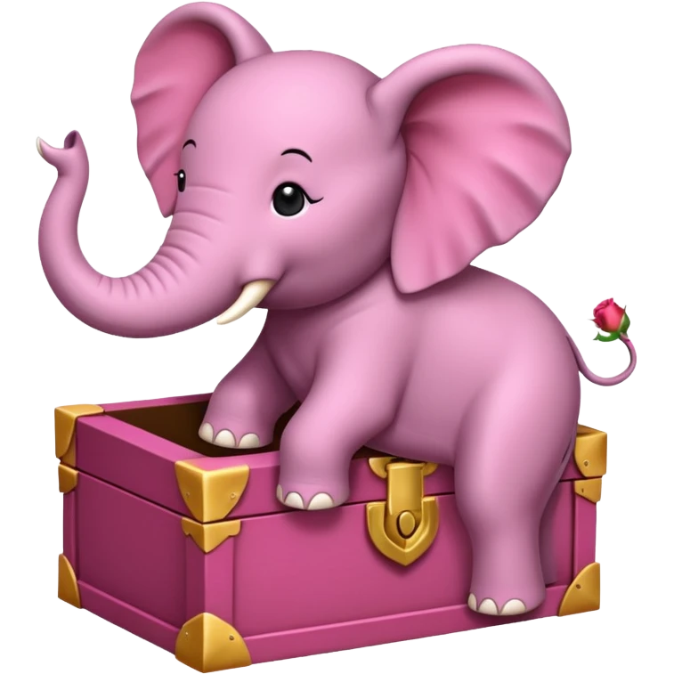 Une boite à trésor ouverte, avec un éléphant rose qui sort sa tête emoji