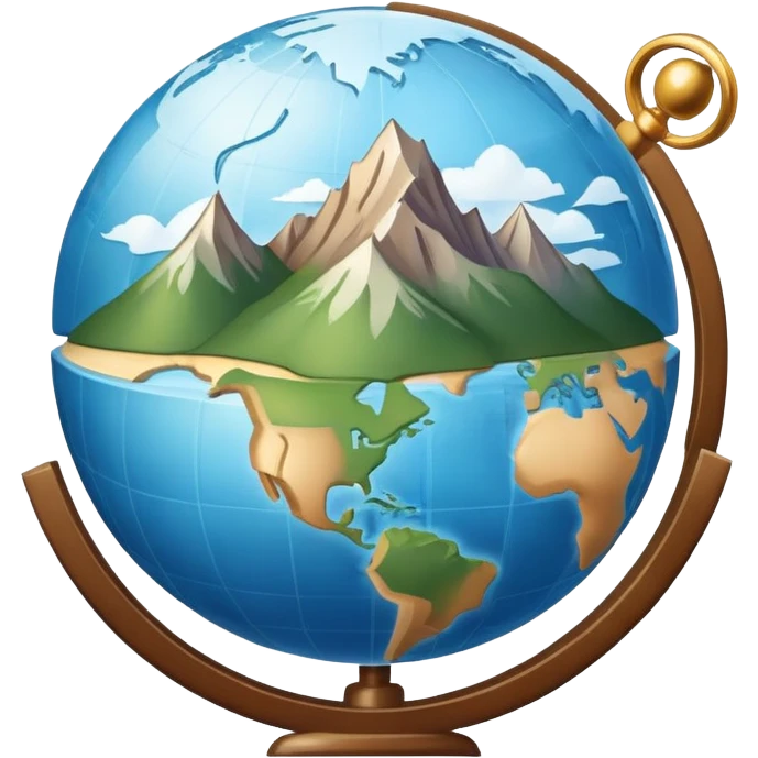 An icon featuring a globe, a compass, and a map, symbolizing geography. The design includes mountain ranges, rivers, and continents, representing the study of Earth’s landscapes and environments. Transparent background highlights the exploration and understanding of the world’s geography. emoji