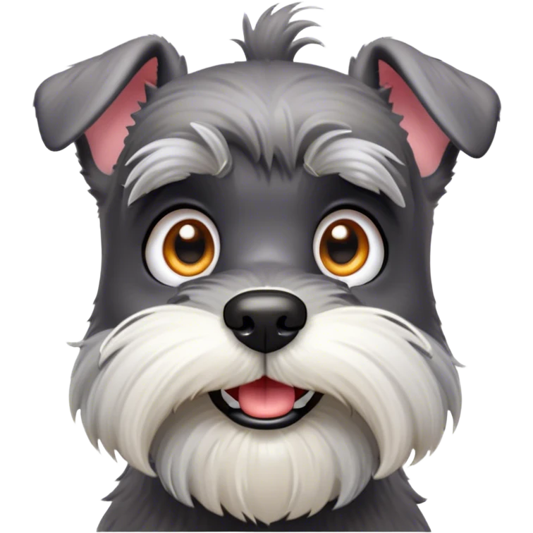 Cinematic Comical Miniature Schnauzer Portrait Emoji, Head tilted dramatically with a comically shocked expression and large, animated eyes, featuring a sharply defined salt-and-pepper fur with exaggerated, humorous eyebrows, simplified yet hilariously detailed, glowing with a bold, playful radiance, high shine, exuding a spirited and cheeky charm, styled with a soft glowing outline, capturing the essence of a Miniature Schnauzer that appears ready to dash into a burst of comic energy! emoji