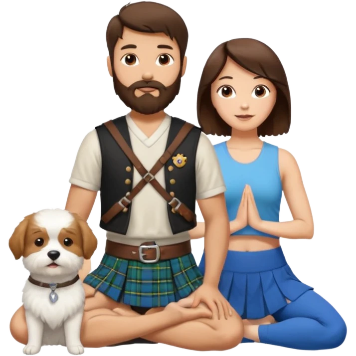 emoji of brunette man with beard wearing kilt, brunette woman in yoga outfit and one white fluffy dog emoji