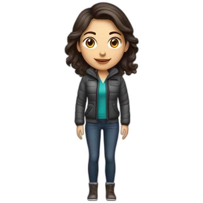 white female data science engineer with dark brown hair in a tech startup wearing a clothing uitable for colder climate emoji