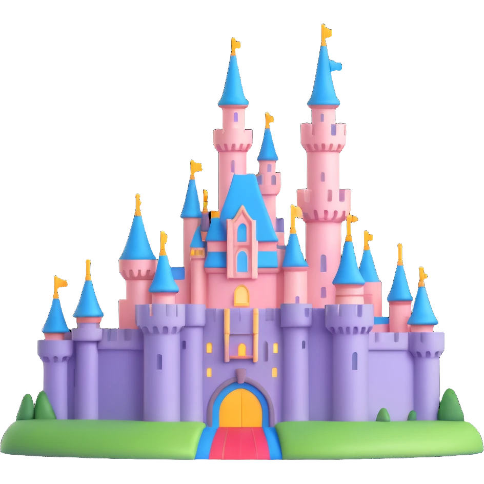 Disneyland castle, 3D look, shiny surfaces, enchanting, with a touch of sparkle emoji