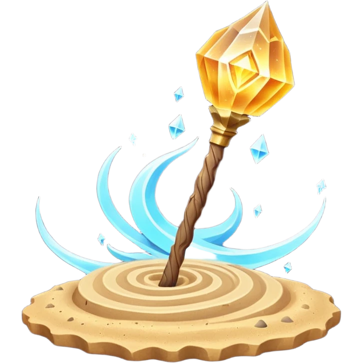 desert sand mage staff object icon, ancient wooden staff, swirling sand crystal on top, glowing golden aura, small floating sand particles, fantasy desert style, 3D cartoon, mobile game icon style, centered, clean background, soft shadow, no text, no watermark
 emoji
