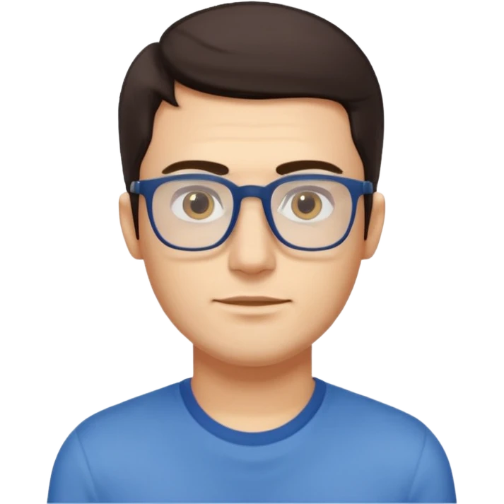 a young man around 30 years old, dark brown eyes, with dark brown hair, longer rectangular face, longer jaw, light yellow skin color, small eyes with rectangle shape glasses, without beard, no forehead wrinkles, wear deep blue shirt emoji