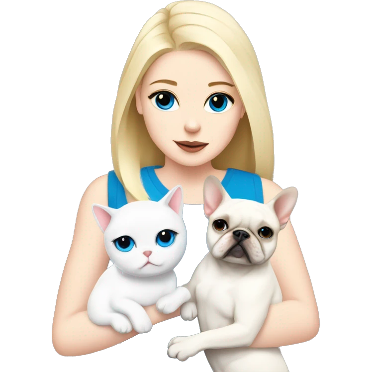 Blonde girl with blue eyes holds White French bulldog and a white cat emoji