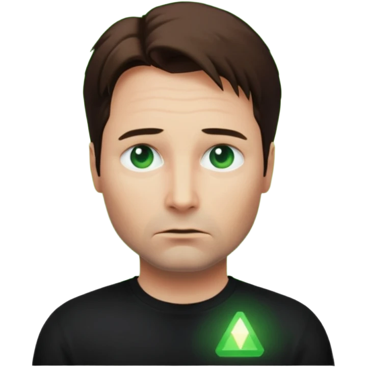 Mulder from the x-files looking very very worried (not trusting anyone today) while wearing a dark t-shirt with no markings. A green beam of light from a UFO illuminates him emoji