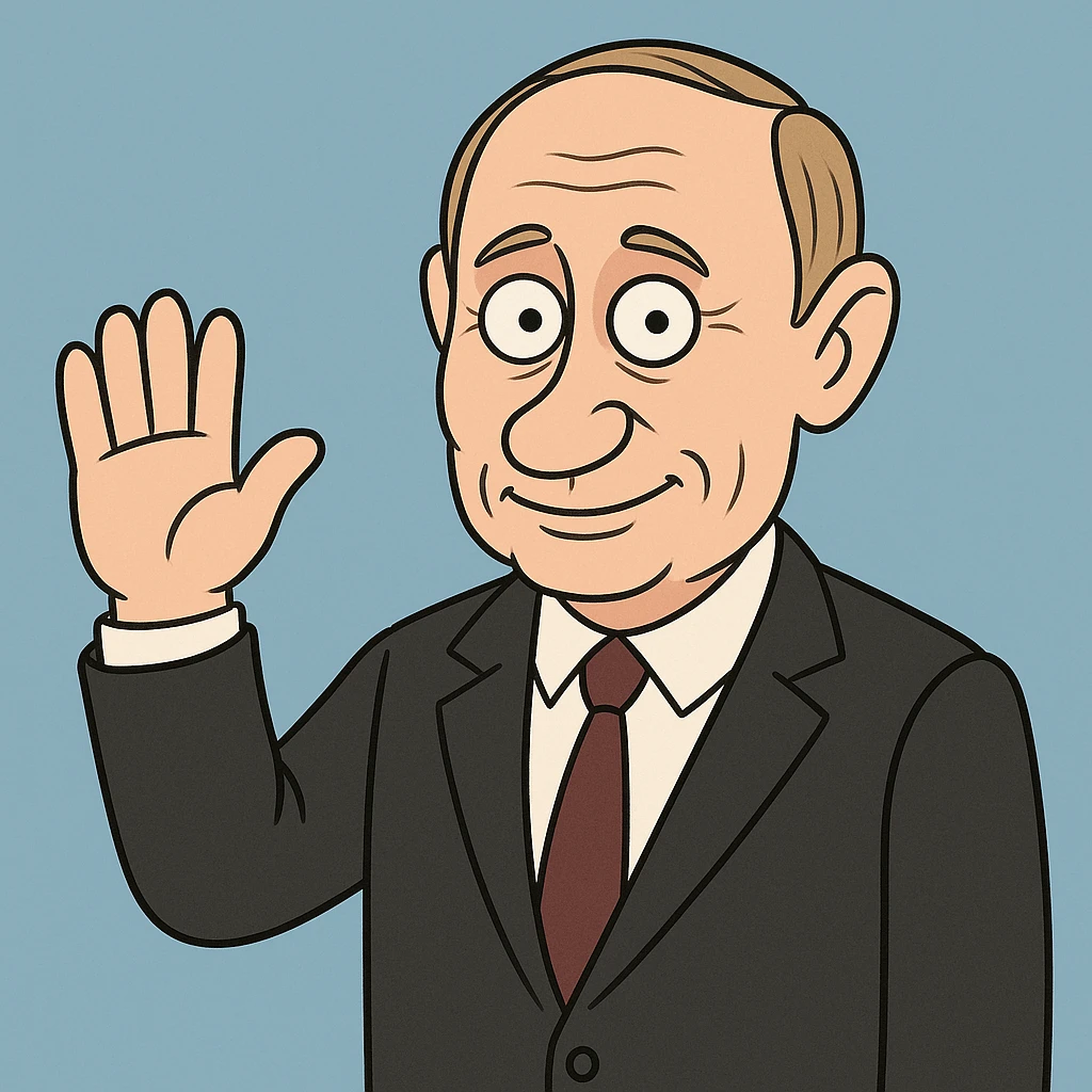 Putin waving, friendly cartoon style, blue background emoji