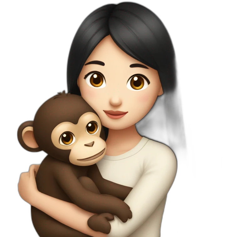 Asian girl with brown eyes and black hair and cute top cuddling a brown lovely monkey emoji