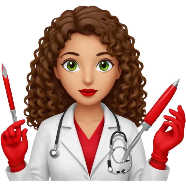 Spanish sexy evil woman. She has green eyes.  had brown long curly hair.  evil surgeon kills with scalpel wears red sexy doctor coat with red long mouth cover red gloves.  emoji
