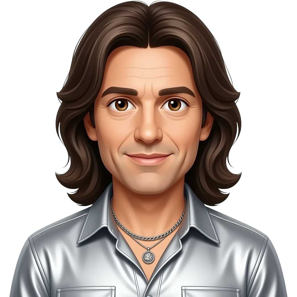 Barry Gibb from Bee Gees with brown eyes, long dark brown hair, silver metallic shirt, necklace emoji