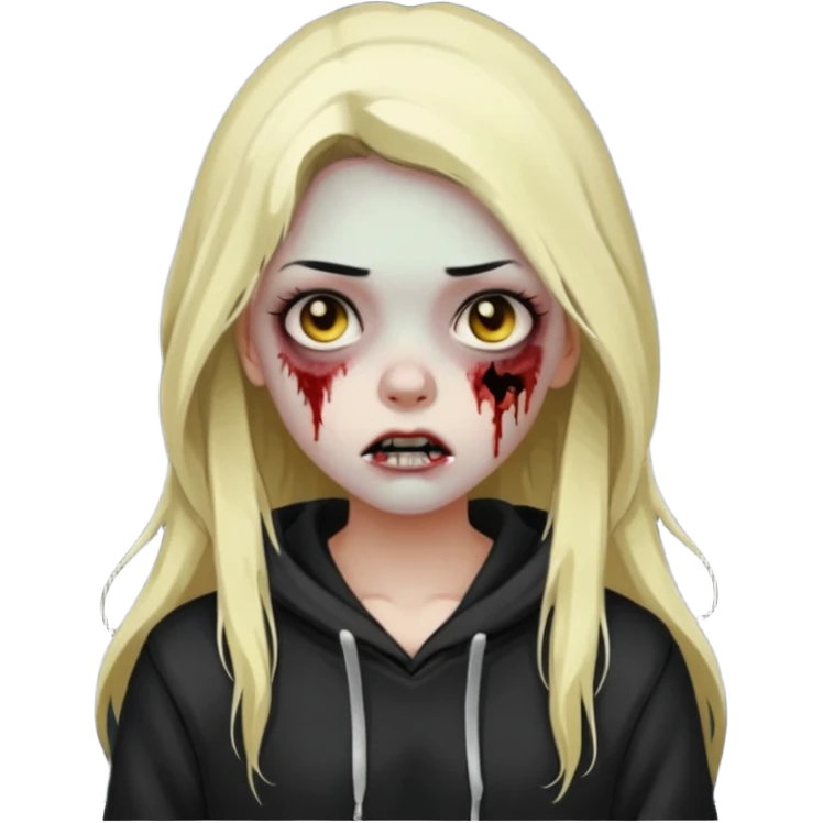 Draw a zombie girl with dark black hair with blonde highlights, long hair, and a hoodie. emoji
