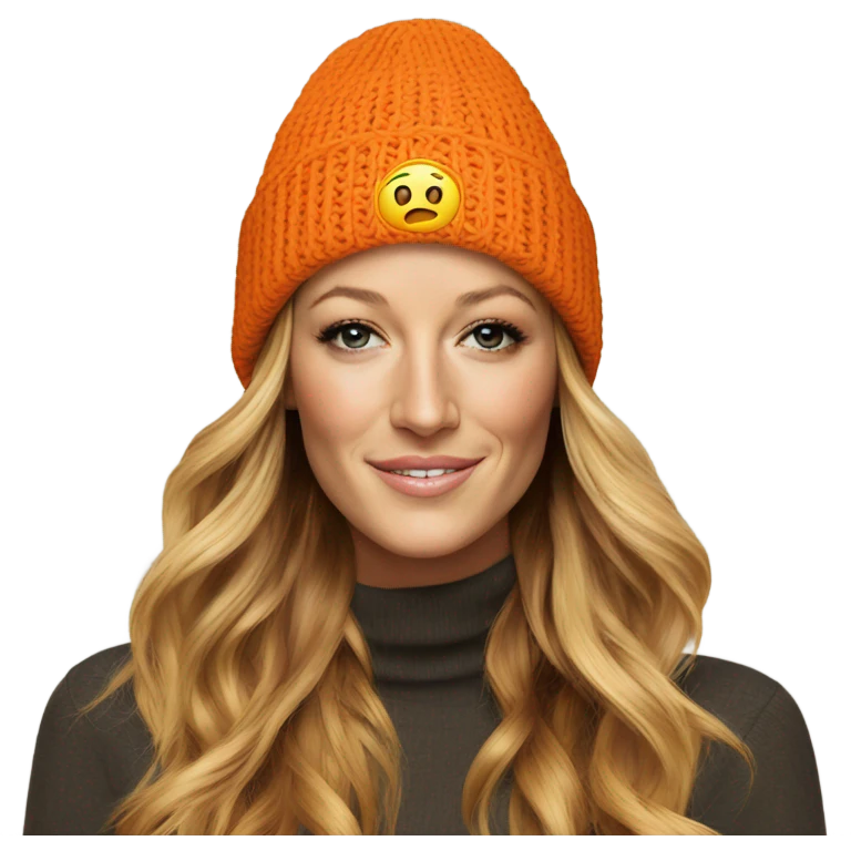 Blake lively wearing orange beanie emoji