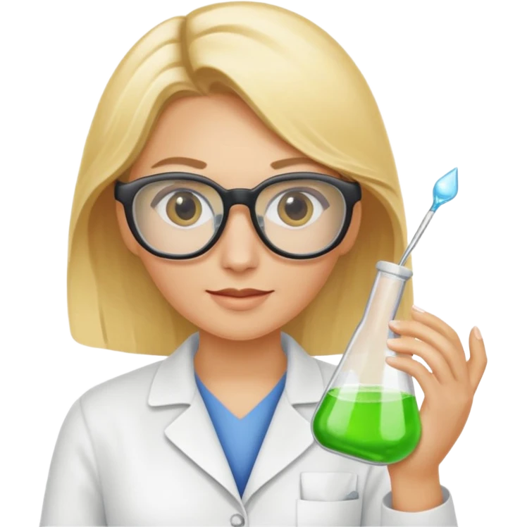 Eine hellblonde Chemikerin mit Kittel, großer Labor-Sicherheitsbrille und typischem Erlmeyerkolben in der Hand emoji