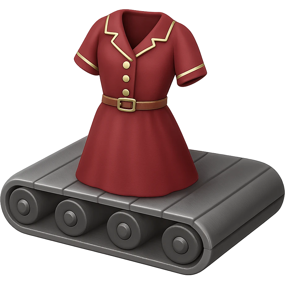 Сгенерируй мне детализированный емодзи, конвеер на котором лежит советское платье, на пнг фоне без фона. В СТИЛЕ ЕМОДЗИ ЭПЛ! emoji