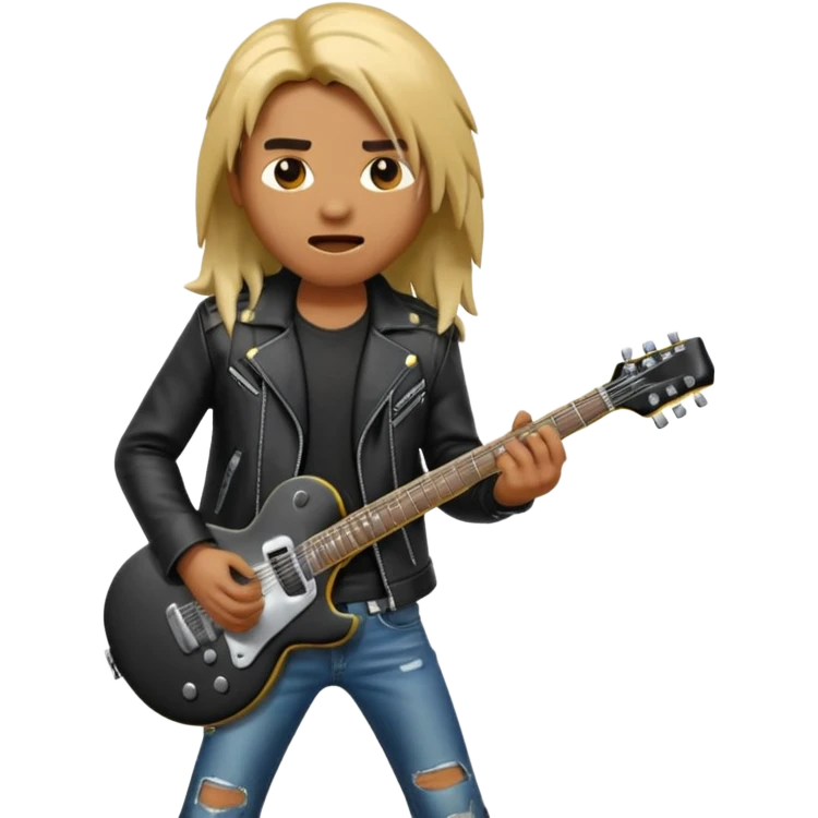 3D Apple-style emoji of a metal musician. Long hair, black leather jacket, ripped jeans, holding an electric guitar. Intense expression, glossy, rounded, smooth, soft shadows, white background.










 emoji