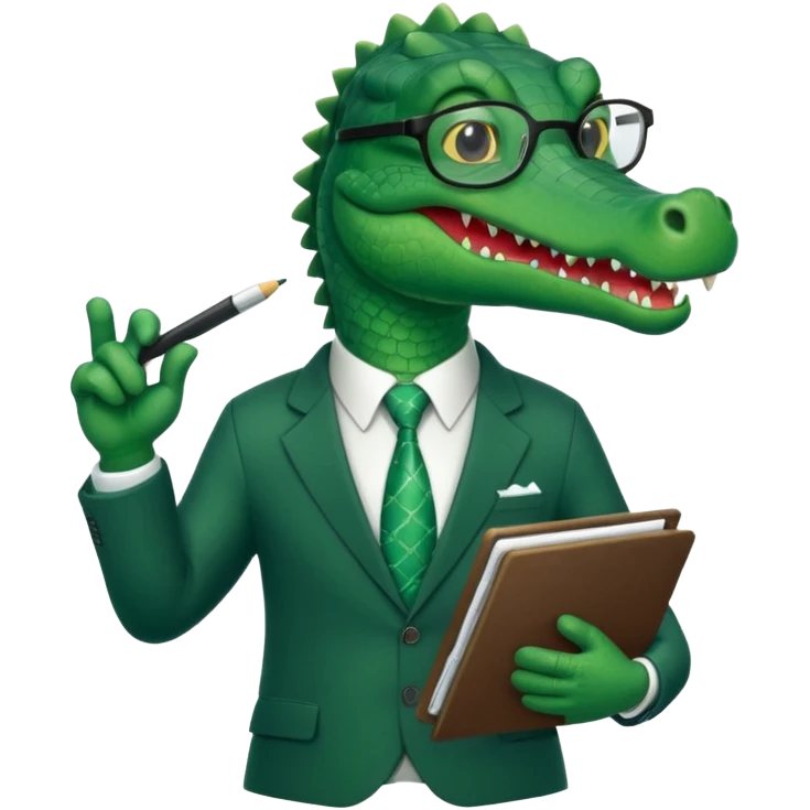 A cartoon alligator in a business suit with a clipboard and glasses emoji